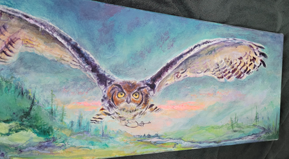 Silent Flight Canvas wrap print -  Great Horned Owl with antique key - Original Watercolour Art by Canadian Artist Pamela Paulenko, painting Ontario wildlife