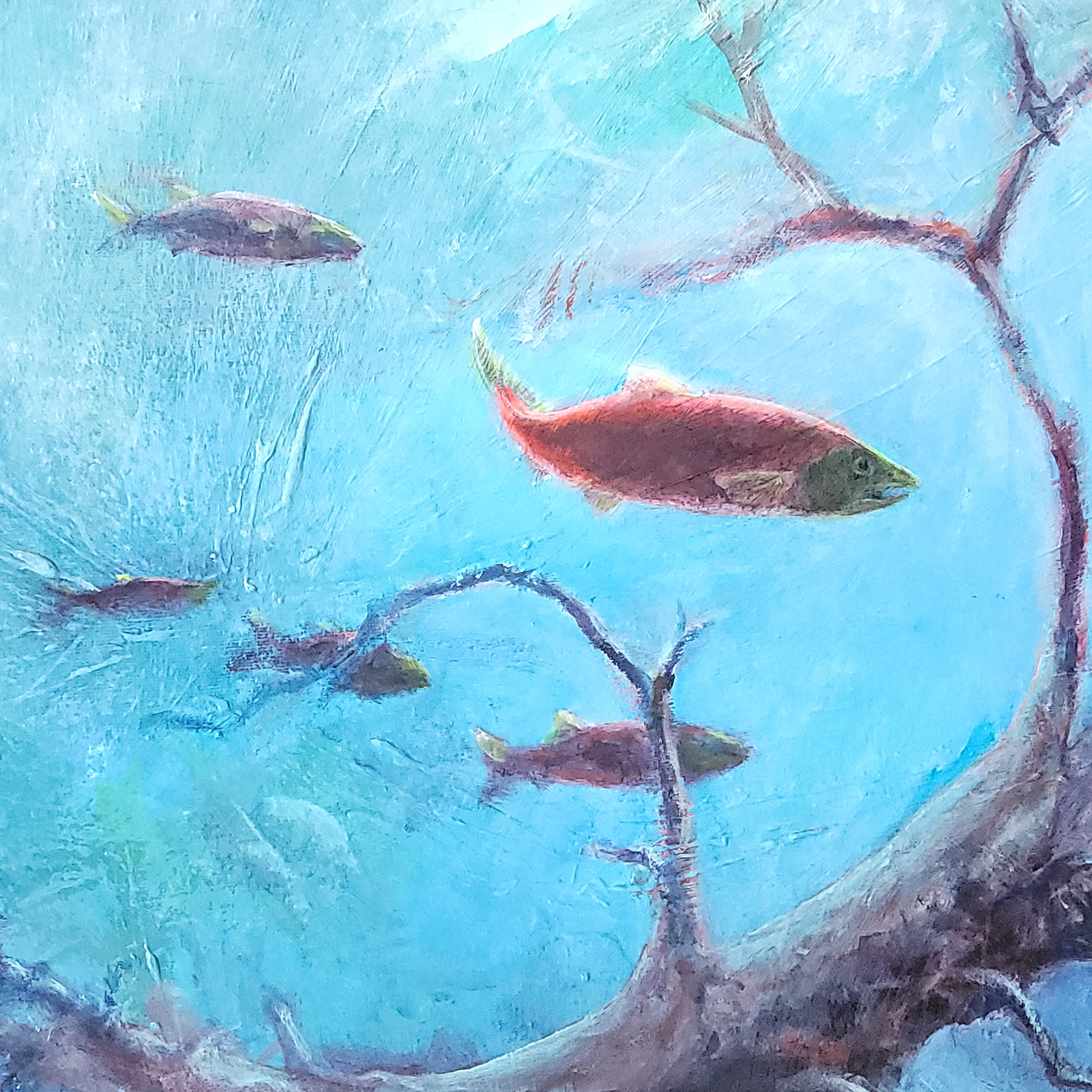 Salmon Dream Of Sunken Trees | Original Acrylic Painting - Original Watercolour Art by Canadian Artist Pamela Paulenko, painting Ontario wildlife