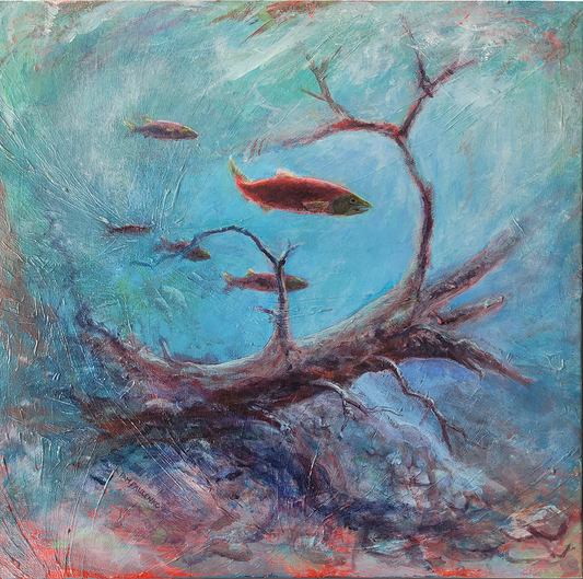 Salmon Dream Of Sunken Trees | Original Acrylic Painting - Original Watercolour Art by Canadian Artist Pamela Paulenko, painting Ontario wildlife