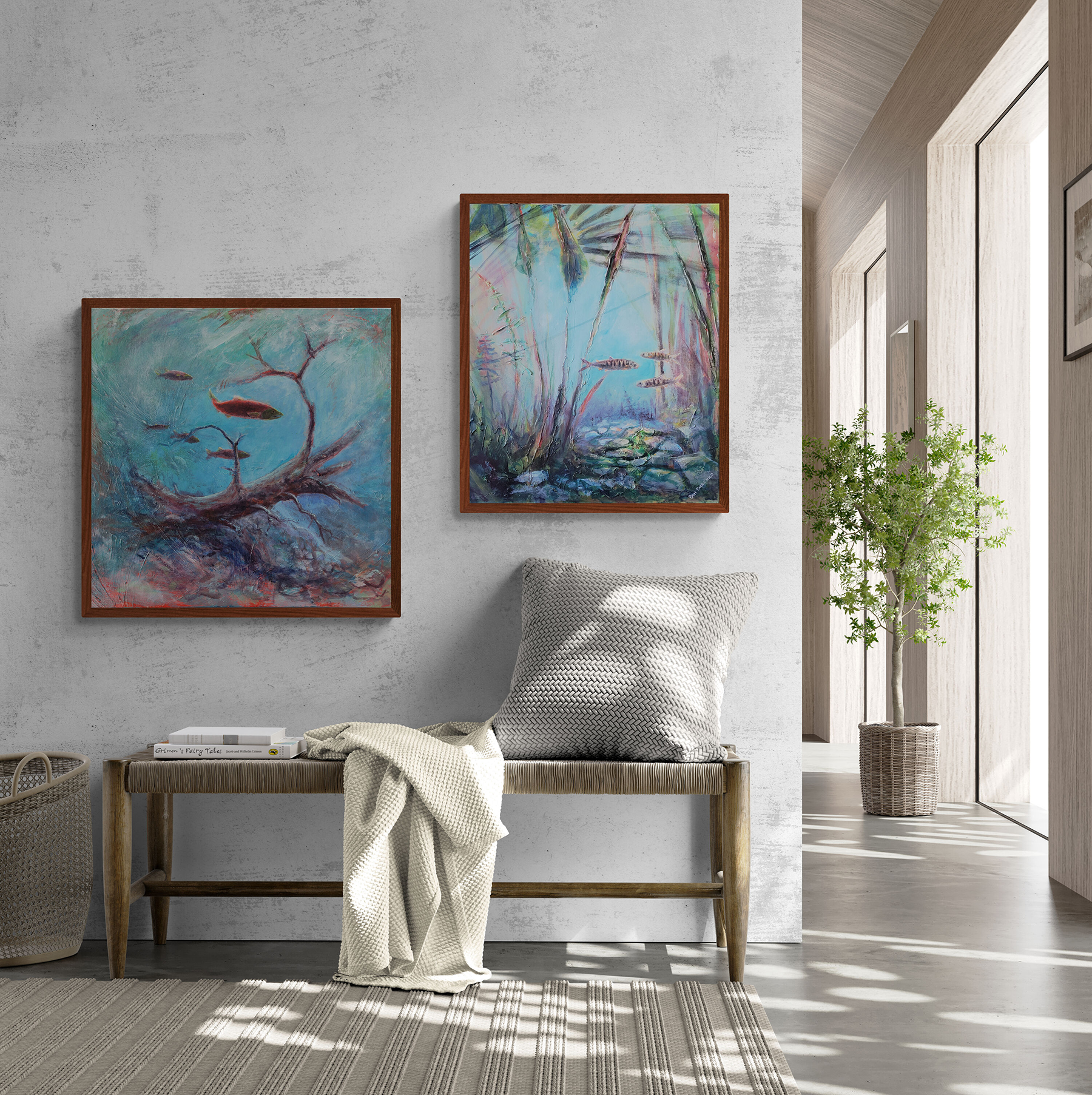 Salmon Dream Of Sunken Trees | Original Acrylic Painting - Original Watercolour Art by Canadian Artist Pamela Paulenko, painting Ontario wildlife