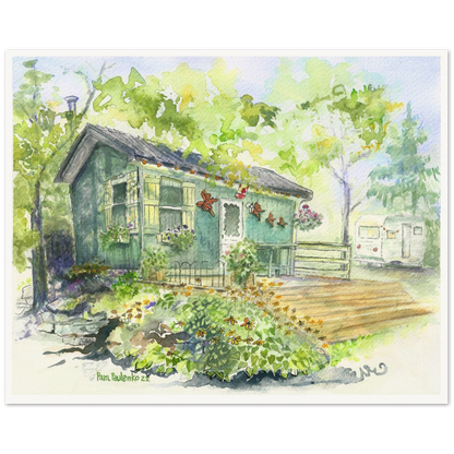 Rustic Cabin On A Creek     Museum-Quality Matte Paper Poster - Original Watercolour Art by Canadian Artist Pamela Paulenko, painting Ontario wildlife