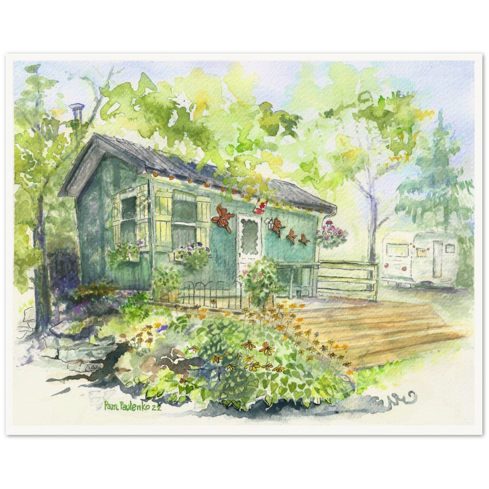 Rustic Cabin On A Creek     Museum-Quality Matte Paper Poster - Original Watercolour Art by Canadian Artist Pamela Paulenko, painting Ontario wildlife