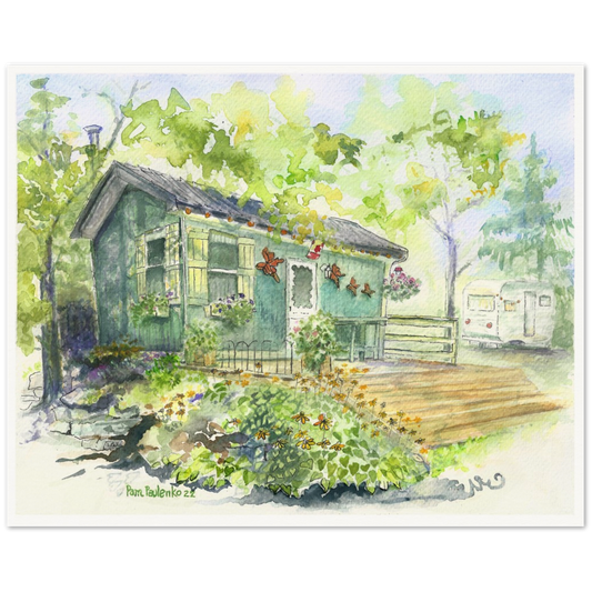 Rustic Cabin On A Creek     Museum-Quality Matte Paper Poster - Original Watercolour Art by Canadian Artist Pamela Paulenko, painting Ontario wildlife