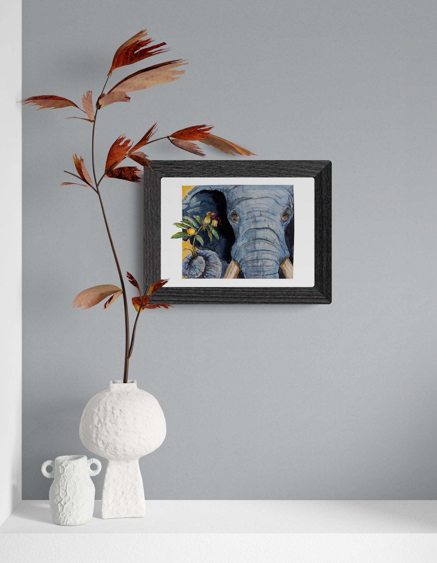 Elephant with Ox Pecker Friend   Classic Matte Paper Poster - Original Watercolour Art by Canadian Artist Pamela Paulenko, painting Ontario wildlife