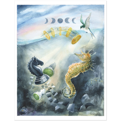 Horse Play   -  Surreal aquatic  - Print Classic Matte Paper - Original Watercolour Art by Canadian Artist Pamela Paulenko, painting Ontario wildlife