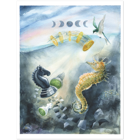 Horse Play   -  Surreal aquatic  - Print Classic Matte Paper - Original Watercolour Art by Canadian Artist Pamela Paulenko, painting Ontario wildlife